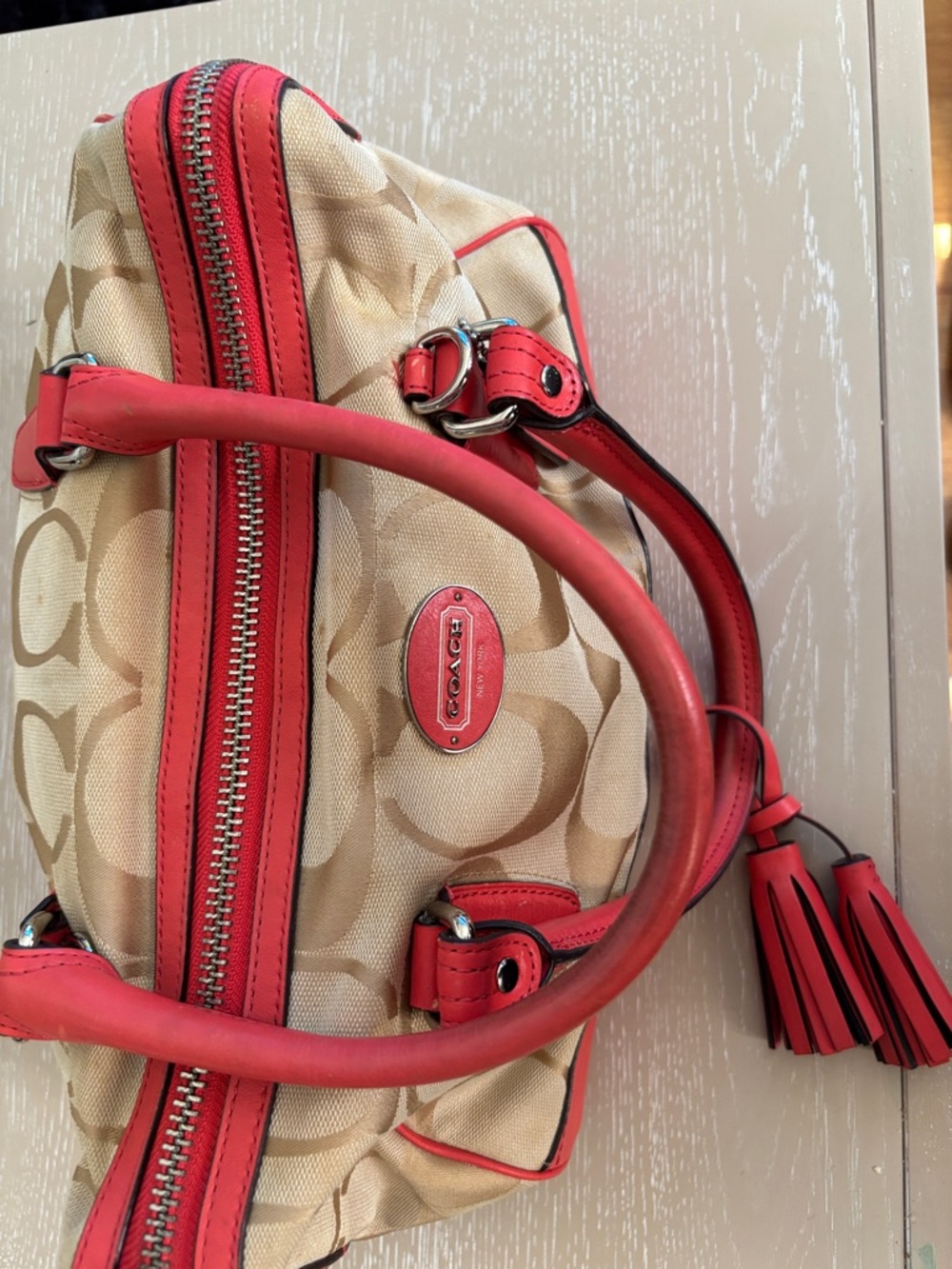 Coach Beige Signature Canvas Satchel with Coral Trim and Tassels